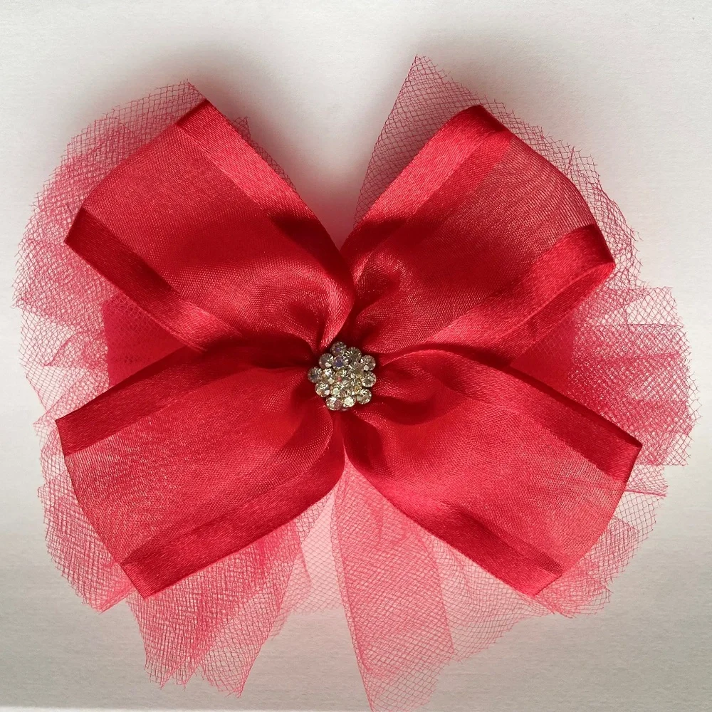 Kids Kapers Beautiful Red Satin Tulle Crystals Bow Hair Band Headband‎ NEW